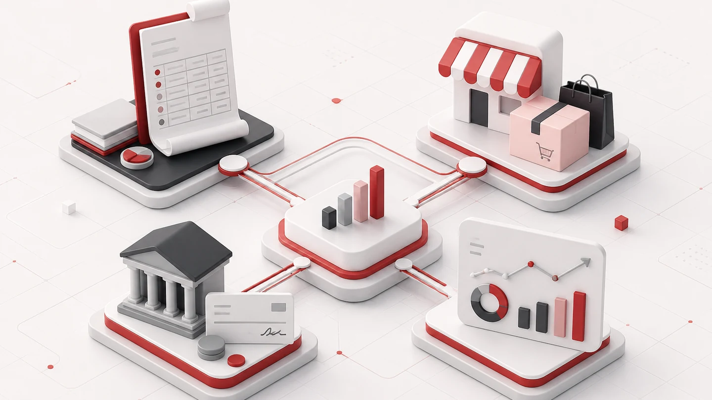 Abstract finance system connecting e-commerce accounting, bank settlement, reconciliation and reporting