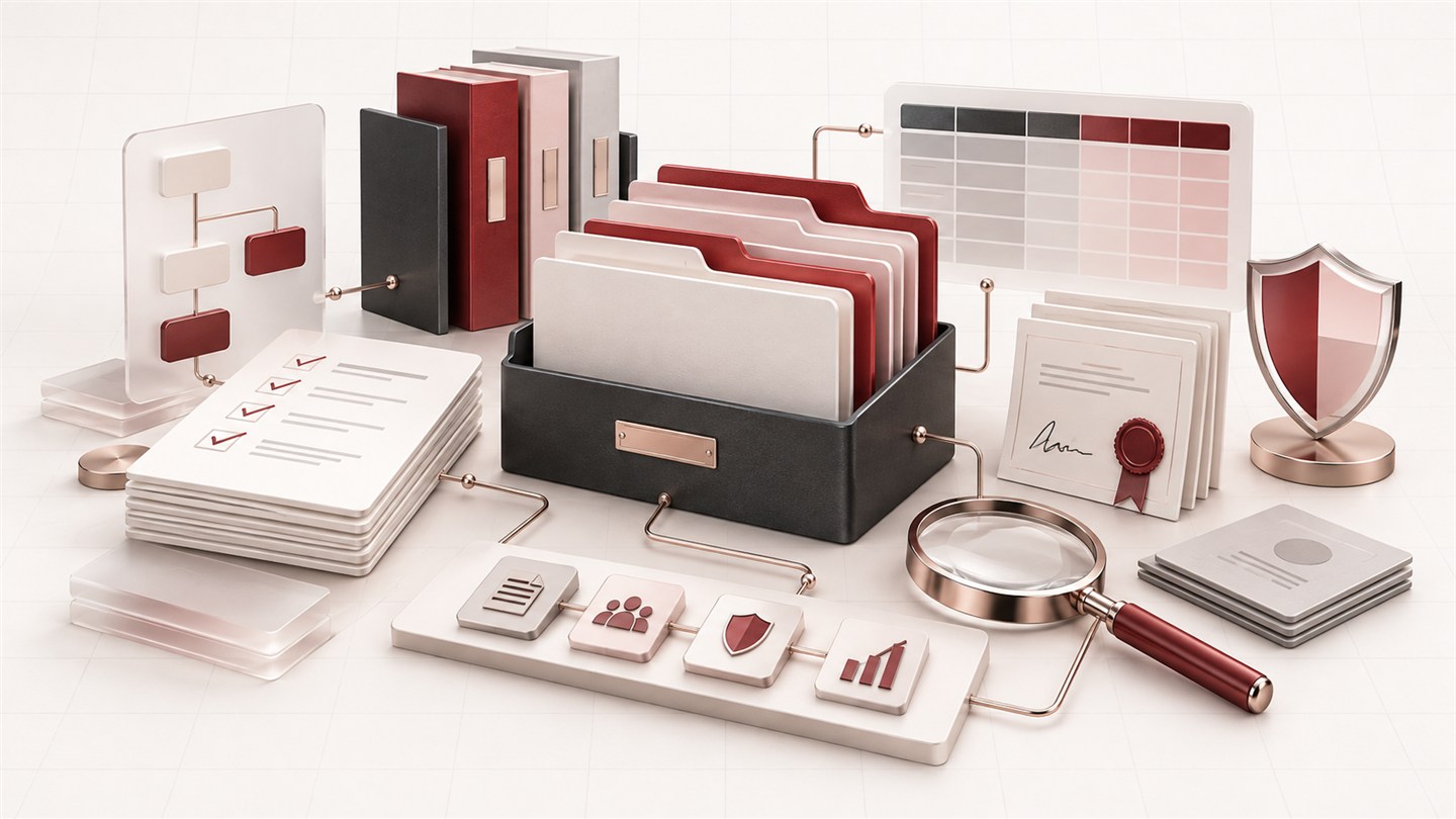 Organised diligence data room with corporate records, checklist, cap table, signed documents and review controls